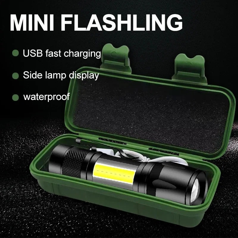 LED Flashlight – Waterproof Torch with USB Fast Charging & Side Lamp